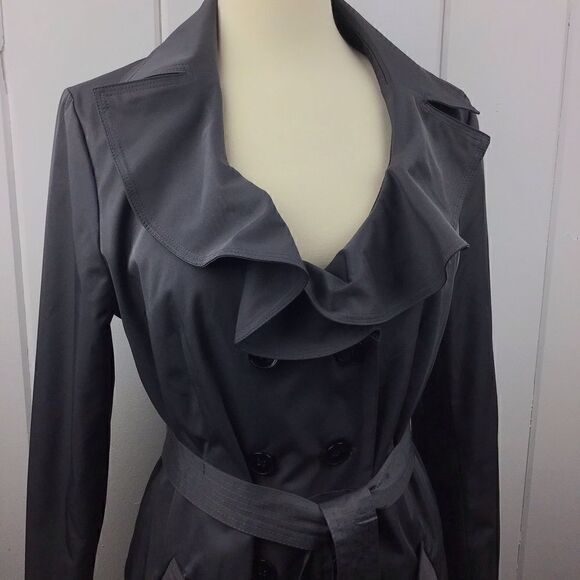 Sandro Dark Gray Ruffled Collar Belted Trench L - Picture 3 of 7